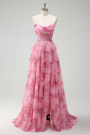 A Line Blush Floral Printed Princess Sweetheart Tiered Long Prom Dress